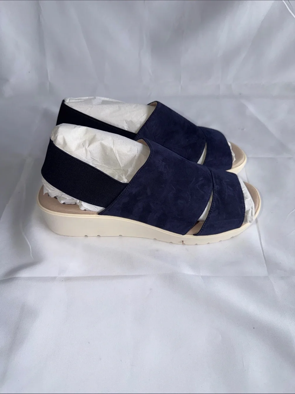 Johnston & Murphy Cassandra Navy Italian Kid Suede Wedge Slingback Sandals Sz 10